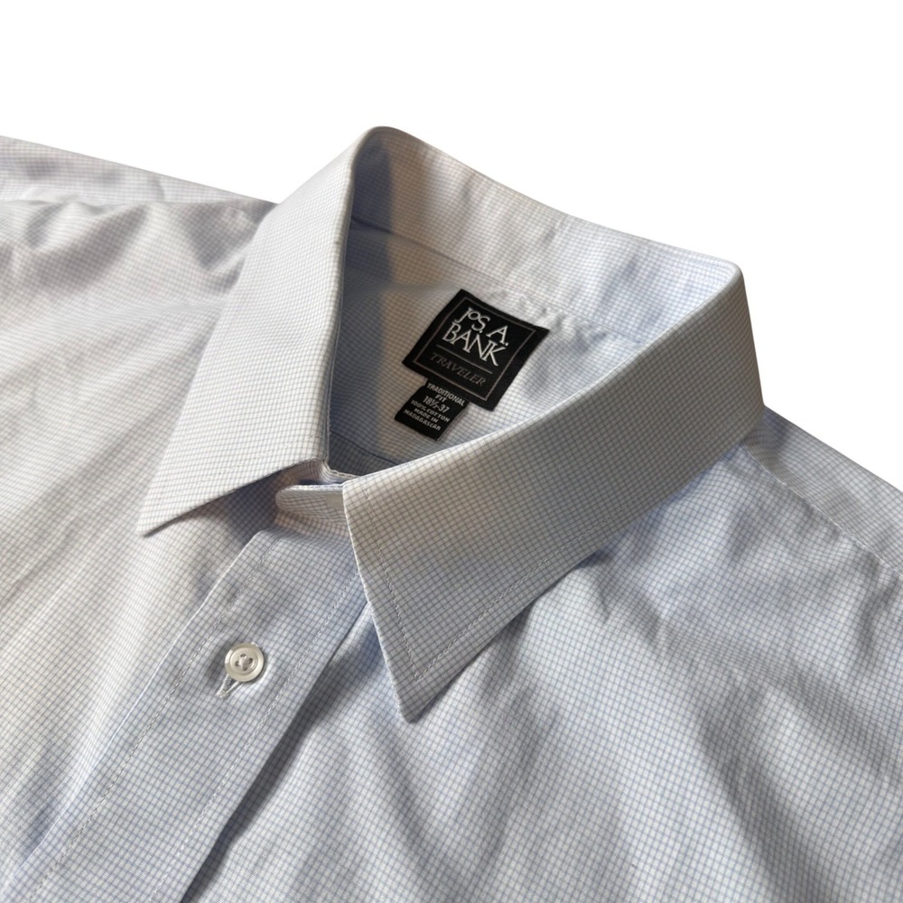 Jos. A. Bank Mens Traveler Dress Shirt‎ 18.5-37 Blue Micro Check Businesswear